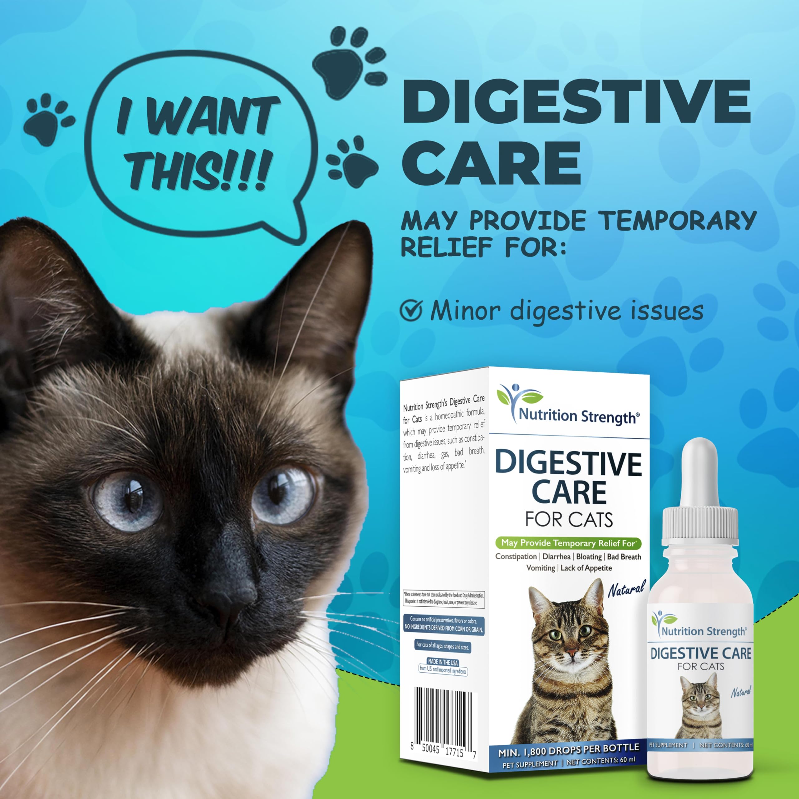 Nutrition Strength Digestive Care for Cats, Natural Constipation Relief for Cats and Kittens & Support for Diarrhea, Bloating, Bad Breath, Vomiting, Lack of Appetite, 60 Milliliters