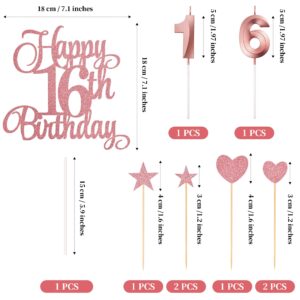 Lecferrarc 16th Birthday Cake Decorations, 16th Birthday Candles Cake Numeral Candles and Glitter Happy 16th Birthday Cake Toppers Set for Birthday Party Supplies (Rose Gold)