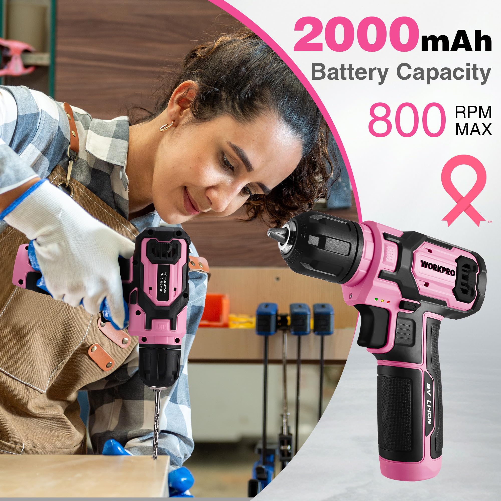 WORKPRO Pink Power Drill Set, 8V Cordless Drill Driver Set with 53pcs Bit Set, 2.0Ah Electric Cordless Drill Kit with 3/8" Keyless Chuck and Variable Speed Trigger, Portable Drill for DIY- Pink Ribbon