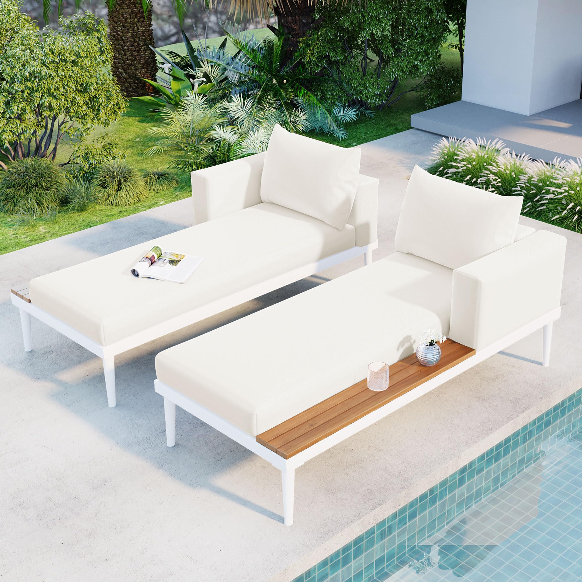 VilroCaz Modern Outdoor Patio Daybed with Wood Topped Side Spaces for Drinks, All Weather Chaise Lounges Reclining Chairs with Fixable Cushion for Garden Balcony Poolside Deck (Beige-T)