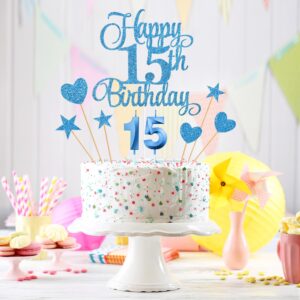 Lecferrarc 15th Birthday Cake Decorations, 15th Birthday Candles Cake Numeral Candles and Glitter Happy 15th Birthday Cake Toppers Set for Birthday Party Supplies (Blue)