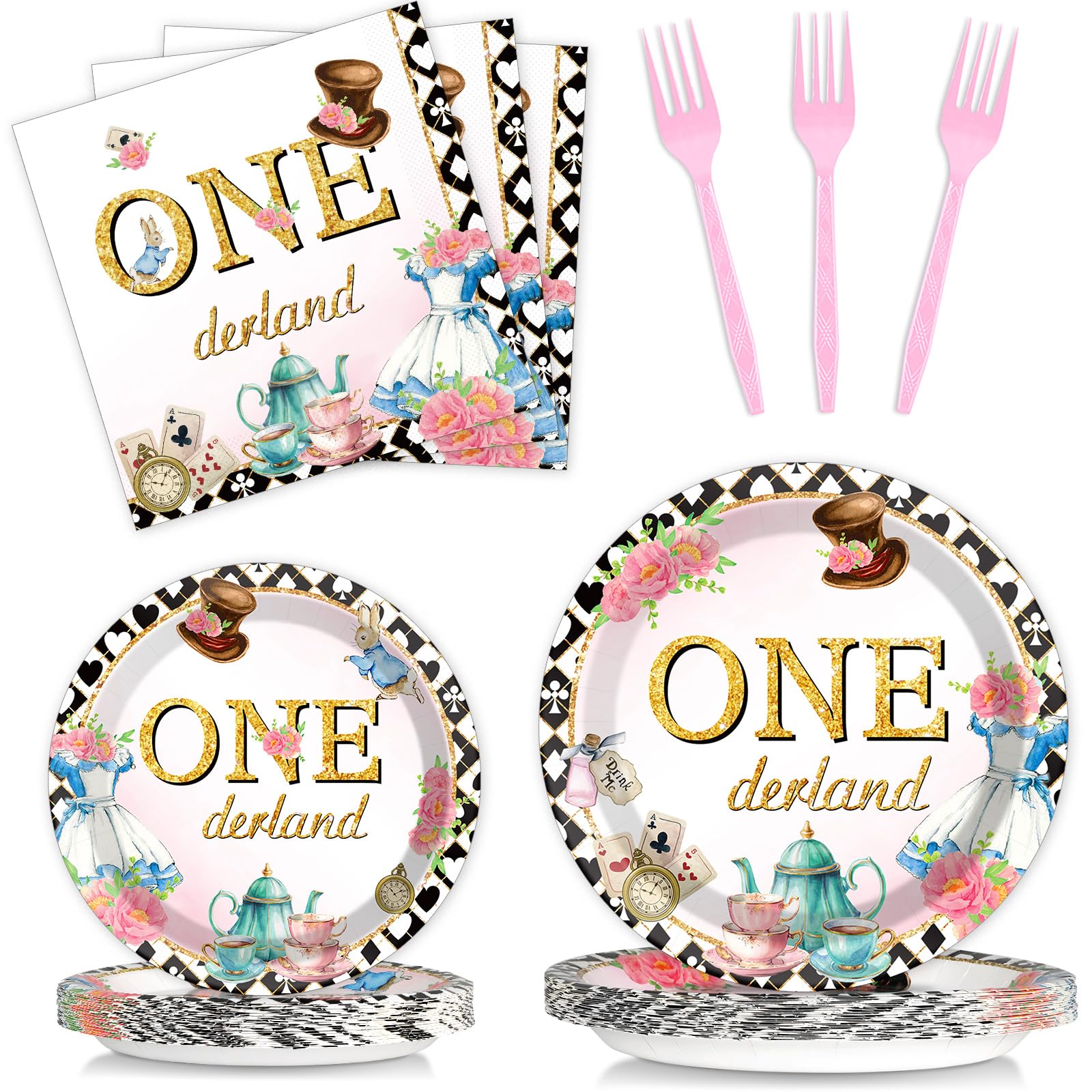 QOUBAI 100Pcs Wonederland 1st Birthday Party Supplies Onederland 1st Birthday Paper Plates Napkins Fork Set Disposable Fairy First Birthday Tableware Decorations for Girls Baby Shower Dinner Serves 25