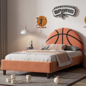 merax basketball design velvet upholstered platform bed for boys, girls, teens, twin metal platform bed frame for bedroom, children's room, solid wooden slat support, no box spring needed, orange