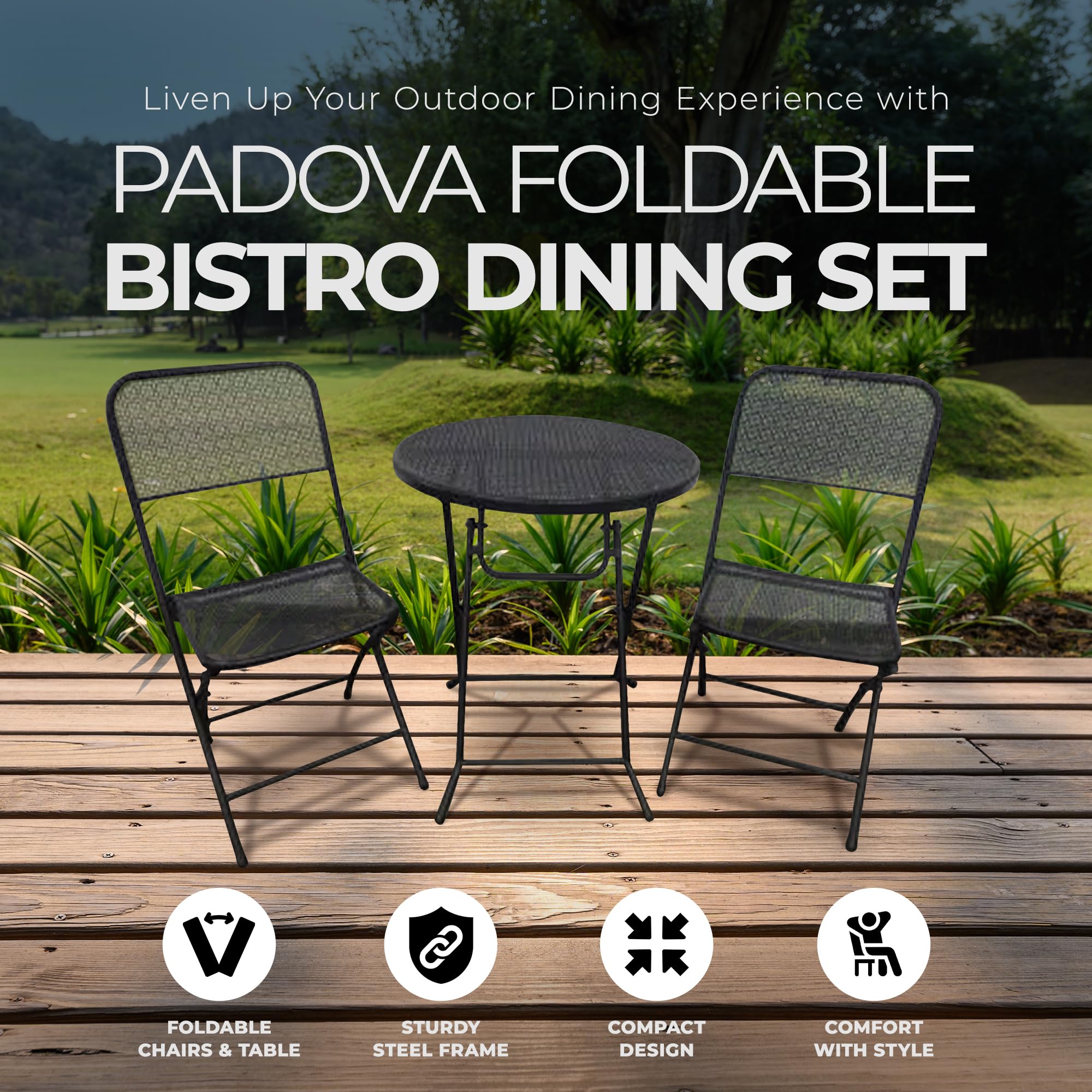 Four Seasons Courtyard Padova 3 Piece Bistro Outdoor Backyard Dining Set with 2 Folding Chairs and Round Table Furniture for Patios or Decks, Black