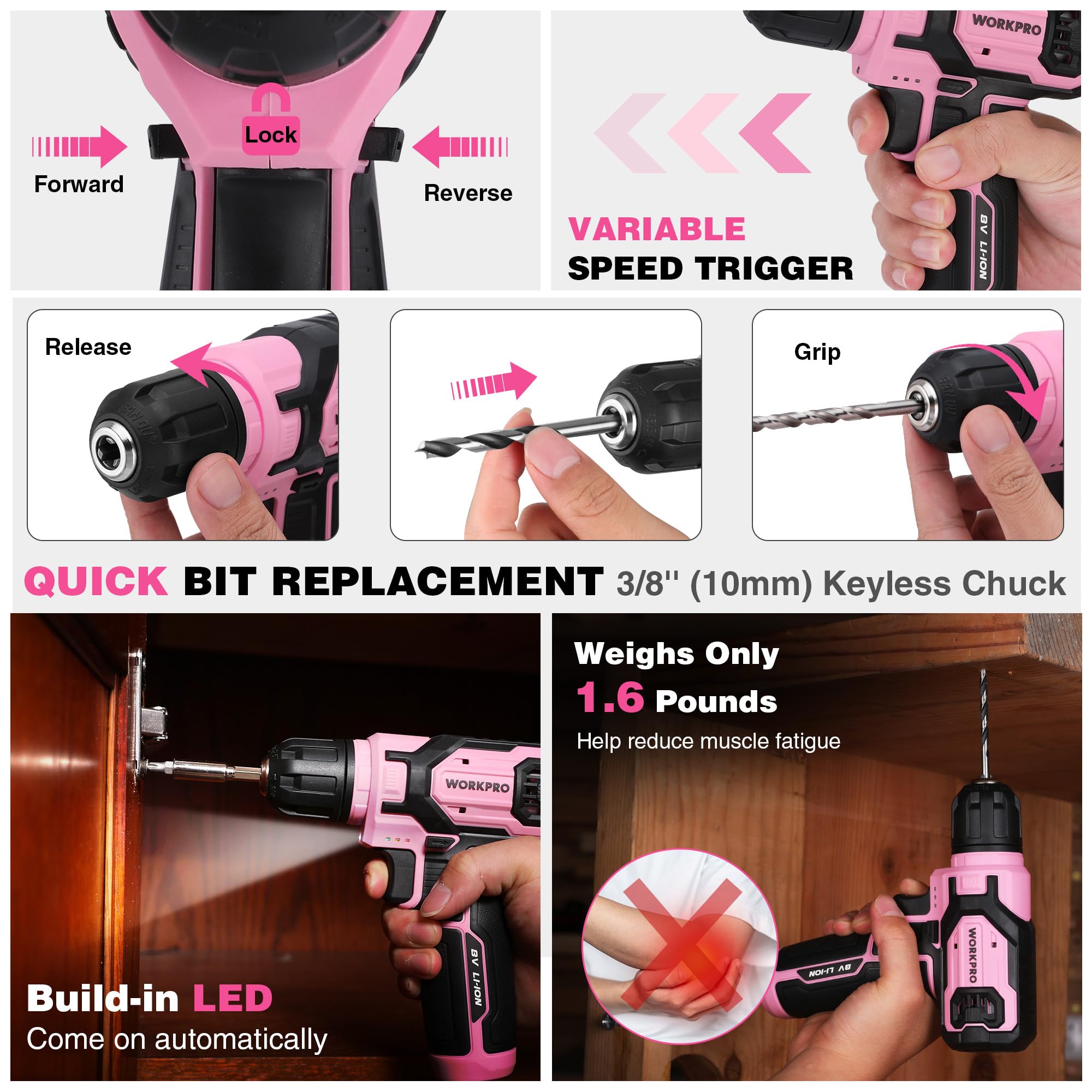 WORKPRO Pink Power Drill Set, 8V Cordless Drill Driver Set with 53pcs Bit Set, 2.0Ah Electric Cordless Drill Kit with 3/8" Keyless Chuck and Variable Speed Trigger, Portable Drill for DIY- Pink Ribbon