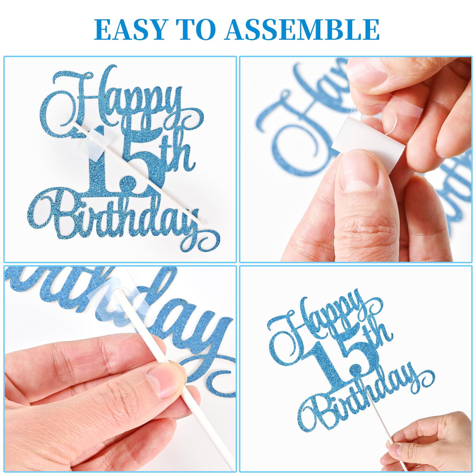 Lecferrarc 15th Birthday Cake Decorations, 15th Birthday Candles Cake Numeral Candles and Glitter Happy 15th Birthday Cake Toppers Set for Birthday Party Supplies (Blue)