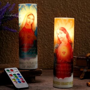 Landhoow 2 Pcs Religious Flameless LED Prayer Candle Real Wax Baptism Candle Set Immaculate Heart of Mary and Sacred Heart of Jesus Battery Operated Candles with Remote Control