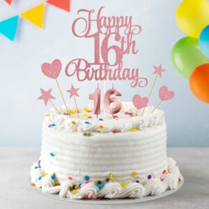 Lecferrarc 16th Birthday Cake Decorations, 16th Birthday Candles Cake Numeral Candles and Glitter Happy 16th Birthday Cake Toppers Set for Birthday Party Supplies (Rose Gold)