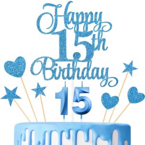 lecferrarc 15th birthday cake decorations, 15th birthday candles cake numeral candles and glitter happy 15th birthday cake toppers set for birthday party supplies (blue)