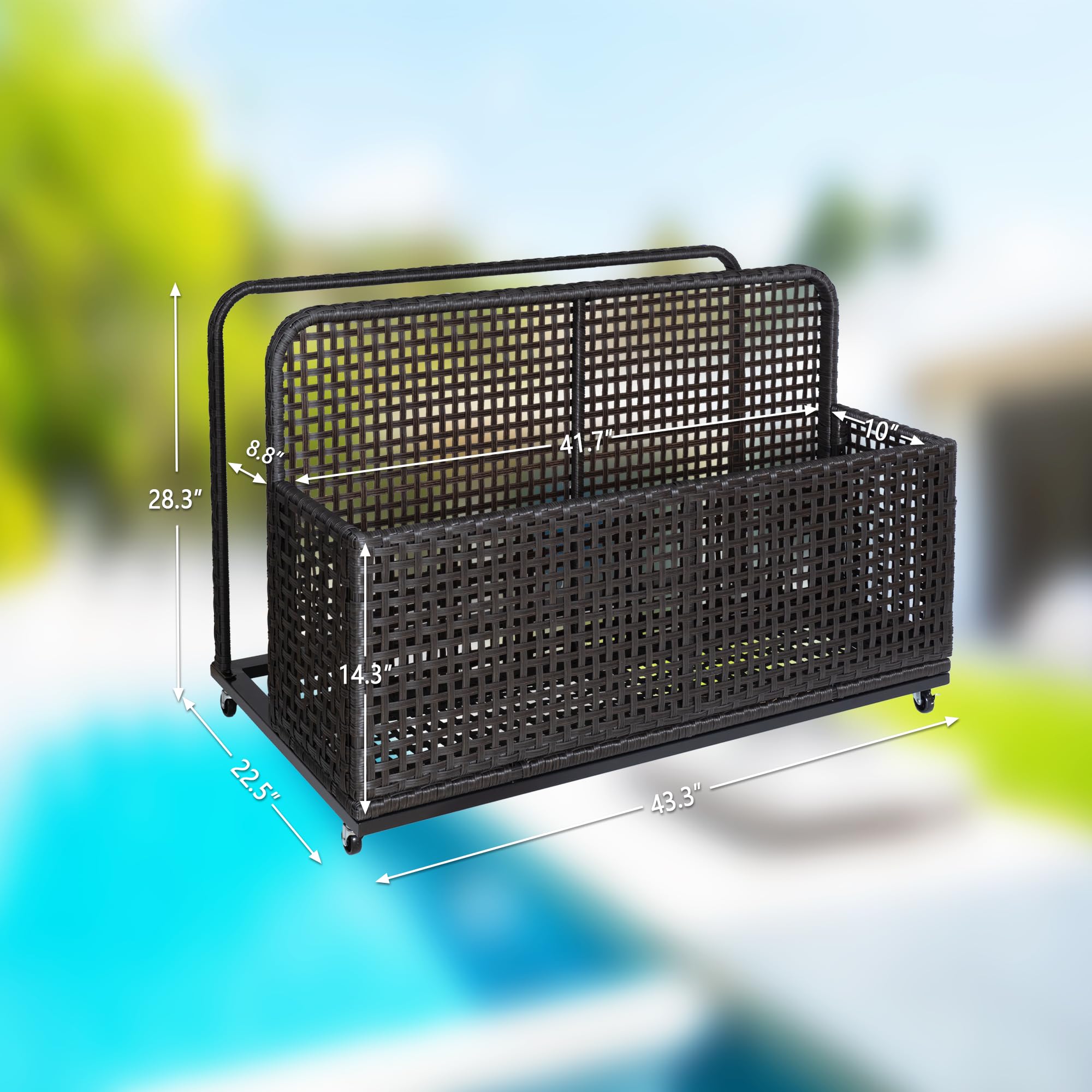 IDEALHOUSE Poolside Float Storage, Outdoor Storage, Patio Poolside Float Storage Basket, Storage Box, PE Rattan Outdoor Pool Caddy with Rolling Wheels for Floaties, Beach-Sturdy & Movable,Black-brown