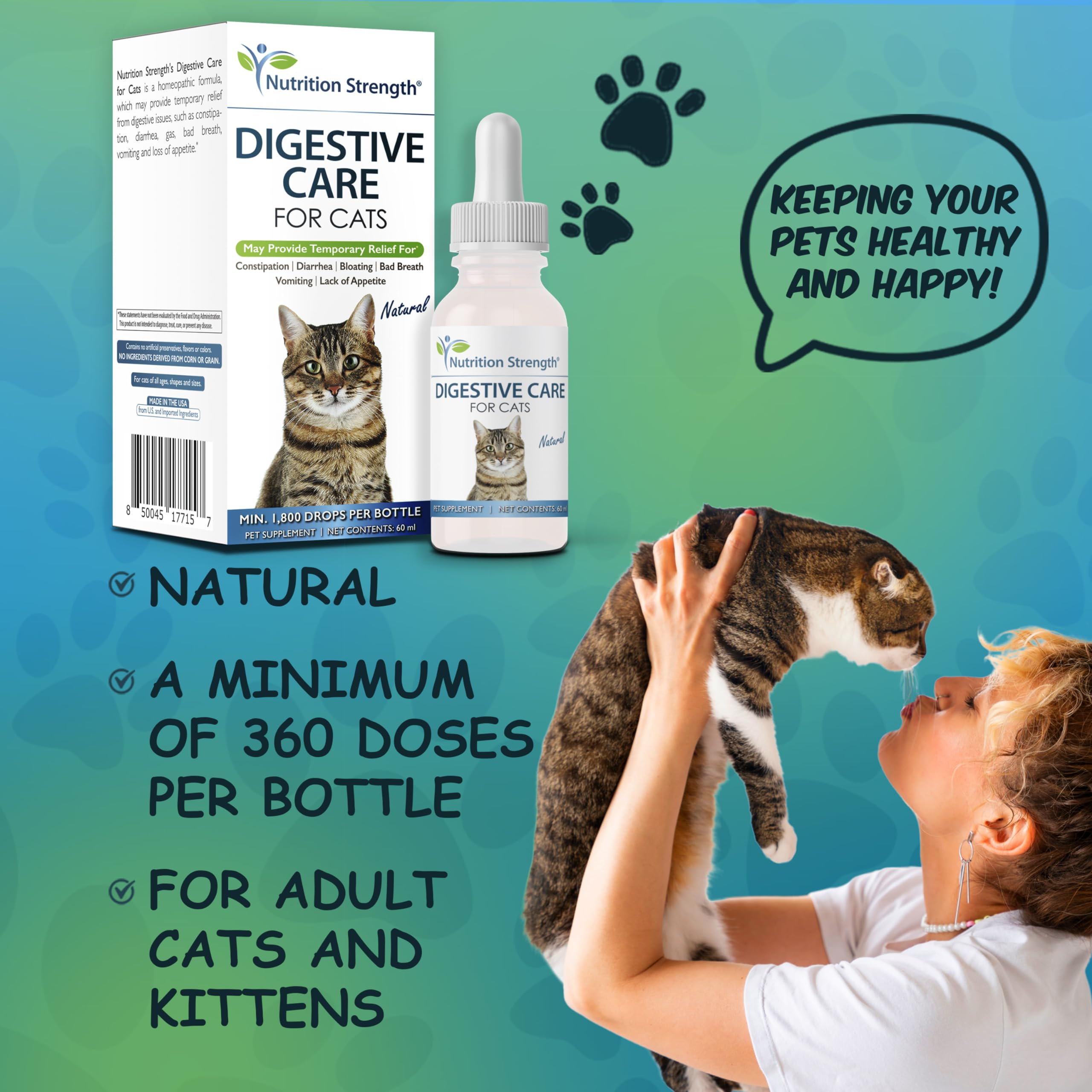 Nutrition Strength Digestive Care for Cats, Natural Constipation Relief for Cats and Kittens & Support for Diarrhea, Bloating, Bad Breath, Vomiting, Lack of Appetite, 60 Milliliters