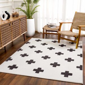 BoutiqueRugs Erath Swiss Cross Shag Area Rug - Black, Off White, Charcoal - 5'3" x 7'3"