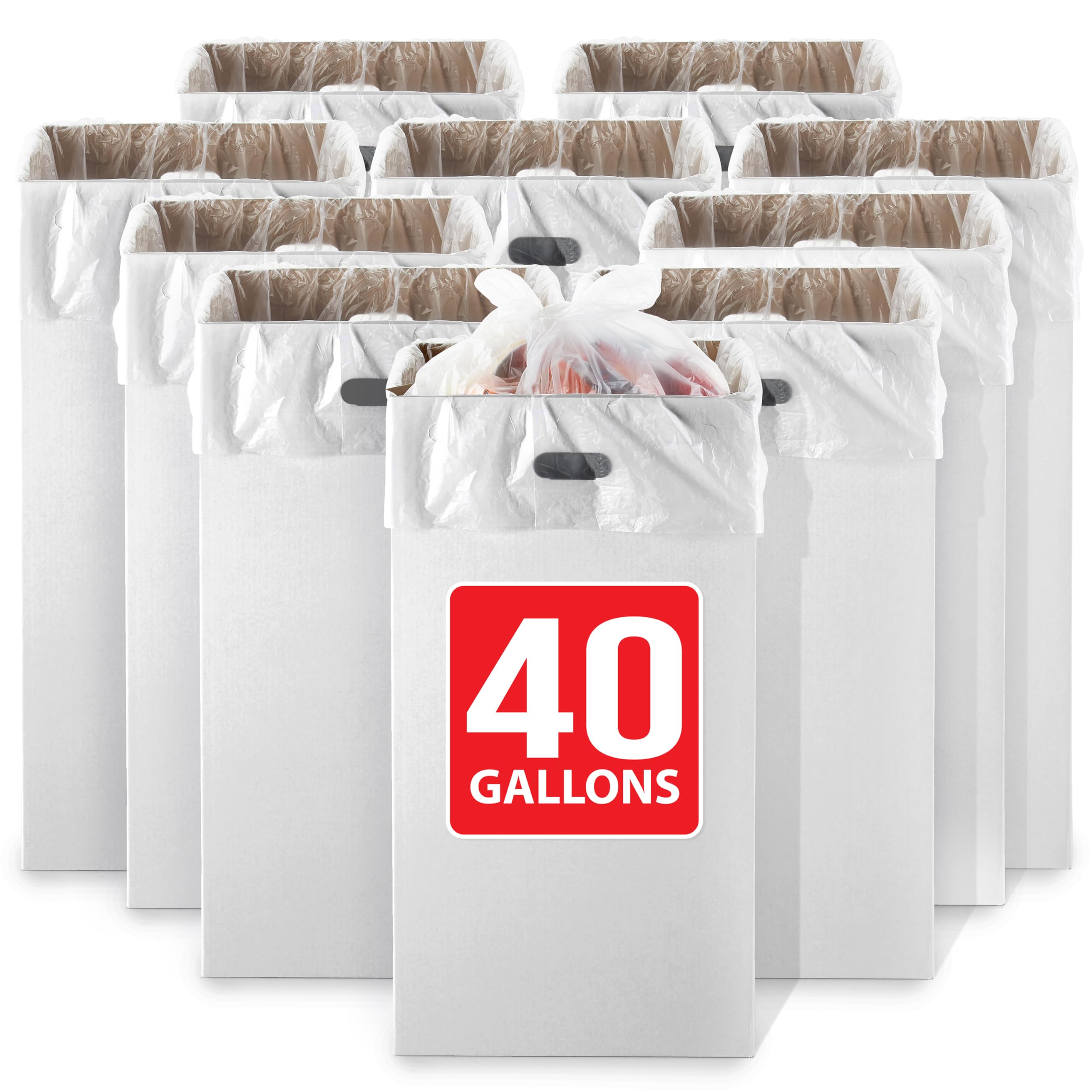 40 Gallon Disposable Cardboard Trash Cans for Events (10 Count), Disposable Trash Cans for Parties and Weddings, 40 Gallon Trash Can for Garbage and Recycling, Pop Up Style with 20 Liners Included