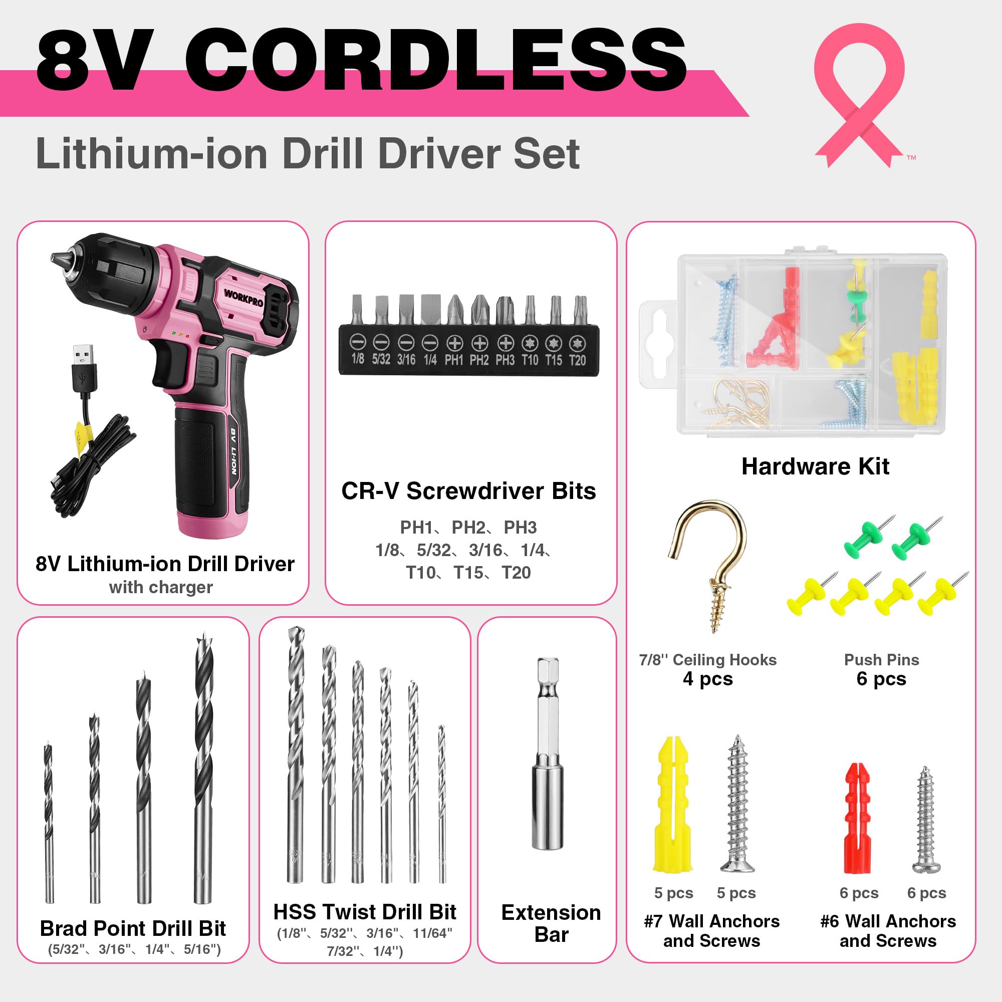 WORKPRO Pink Power Drill Set, 8V Cordless Drill Driver Set with 53pcs Bit Set, 2.0Ah Electric Cordless Drill Kit with 3/8" Keyless Chuck and Variable Speed Trigger, Portable Drill for DIY- Pink Ribbon