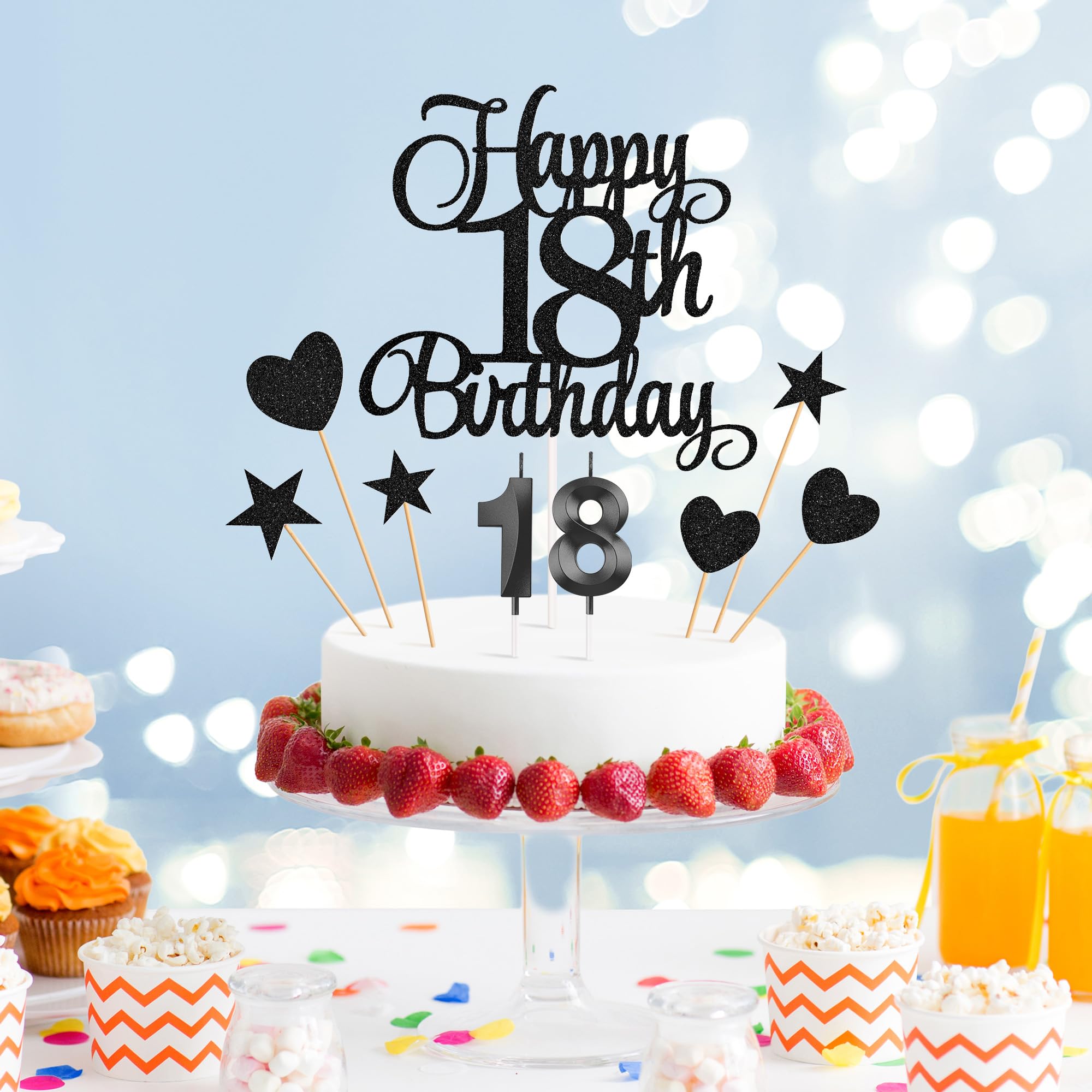 Lecferrarc 18th Birthday Cake Decorations, 18th Birthday Candles Cake Numeral Candles and Glitter Happy 18th Birthday Cake Toppers Set for Birthday Party Supplies (Black)