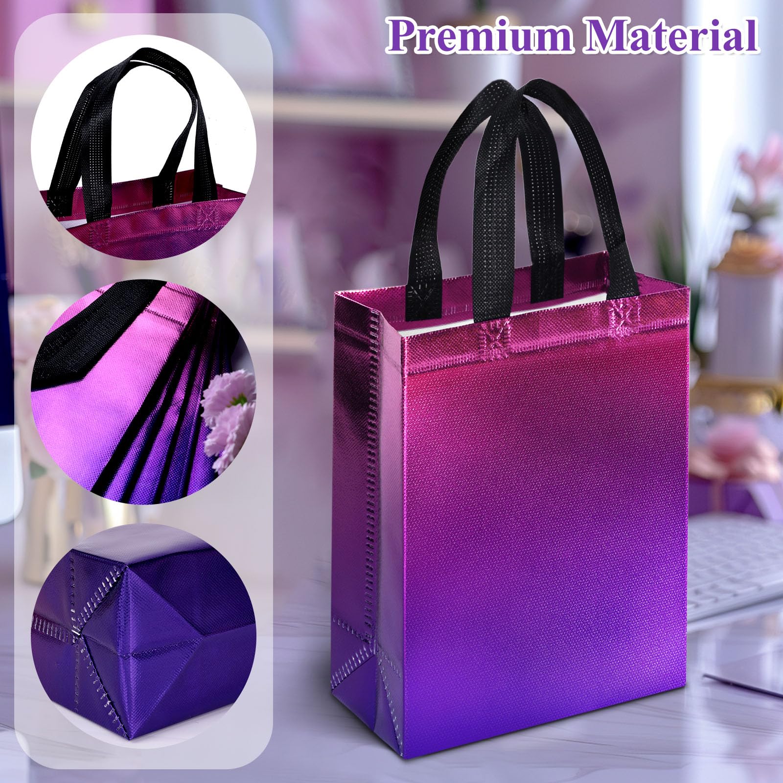 VGOODALL 15PCS Party Favor Bags With Handles, Reusable Bag with Iridescent Finish Pink & Purple Goodie Bags for Birthday Wedding