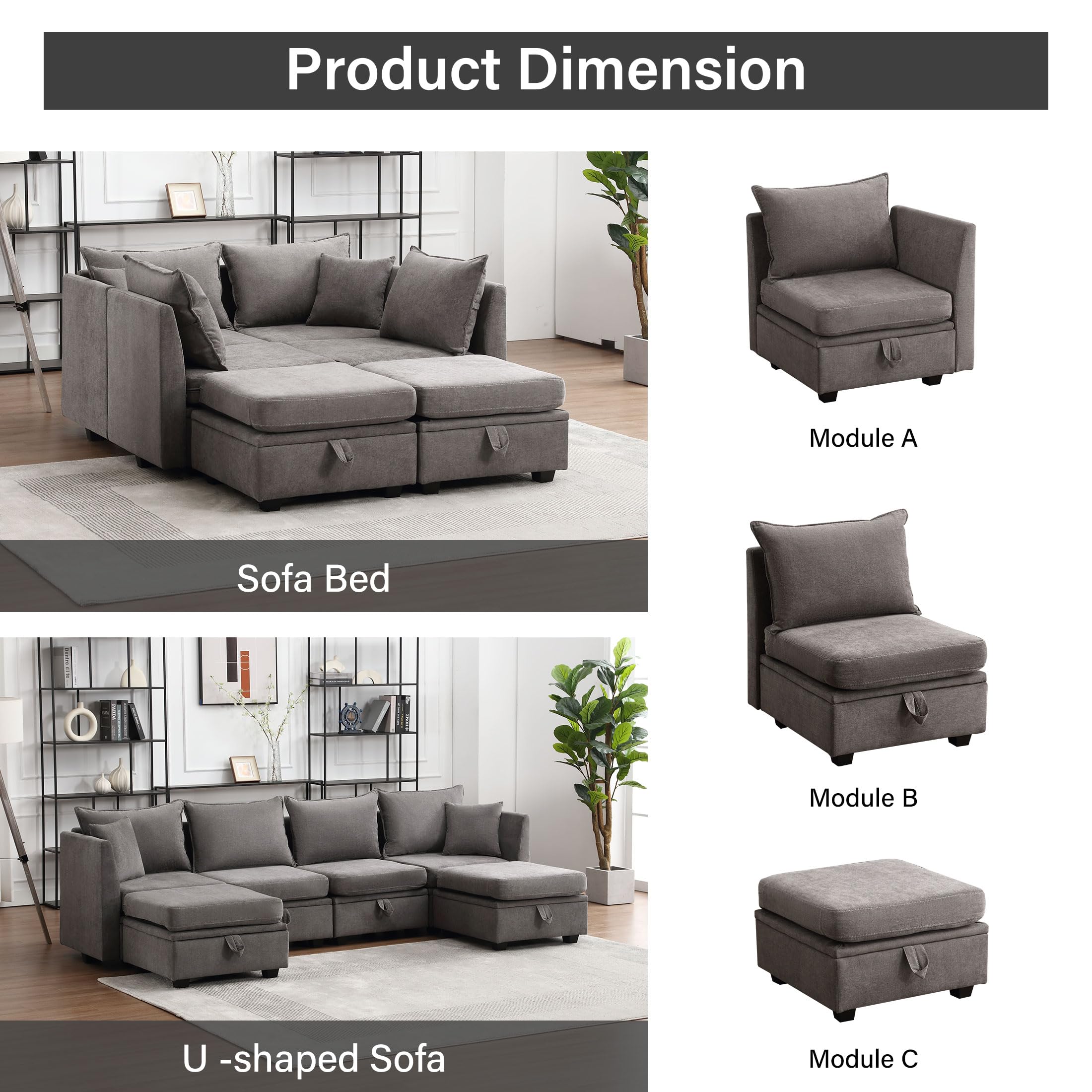 BOSMILLER Fabric Modular Sectional Sofa, 5-7 Pieces, Convertible, Storage, Sofa Couch for Living Room