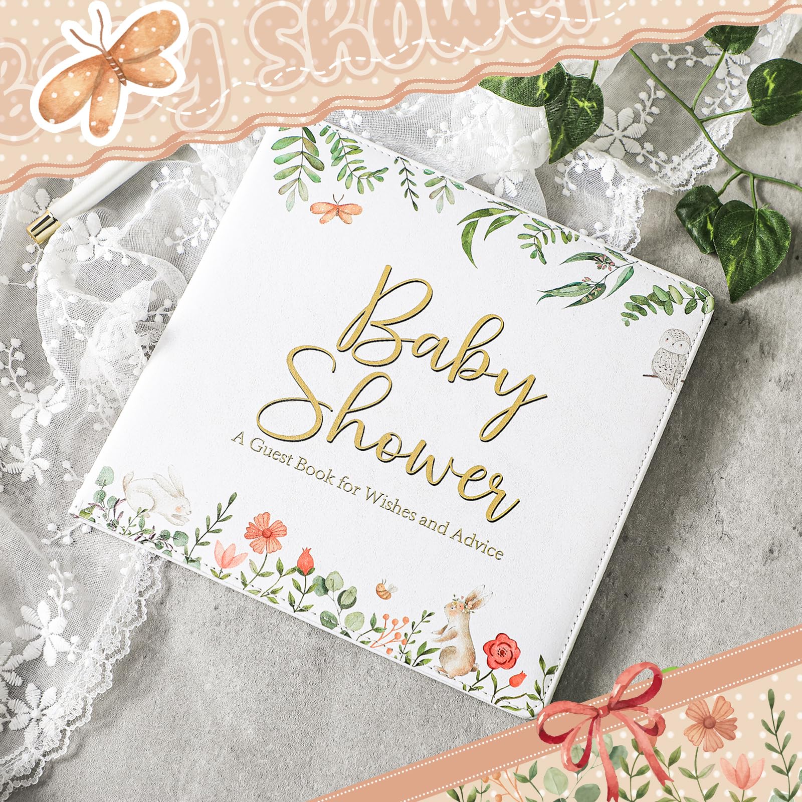 Engrowtic Floral Baby Shower Leather Guest Book with Pen 112 Pages Thanksgiving Day Guestbook Baby Shower Sign in Guest Book with Birth Date Baby Name Wishes Advice Gift for Parents