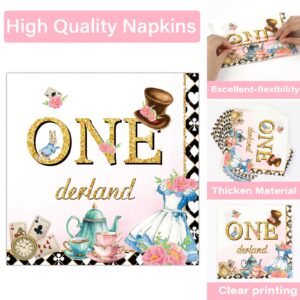 QOUBAI 100Pcs Wonederland 1st Birthday Party Supplies Onederland 1st Birthday Paper Plates Napkins Fork Set Disposable Fairy First Birthday Tableware Decorations for Girls Baby Shower Dinner Serves 25