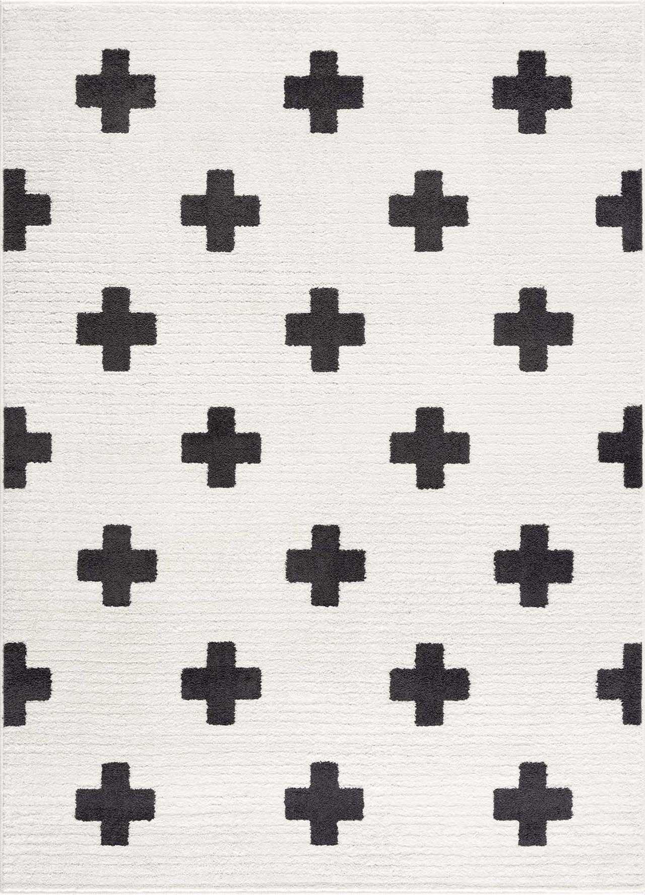 BoutiqueRugs Erath Swiss Cross Shag Area Rug - Black, Off White, Charcoal - 5'3" x 7'3"