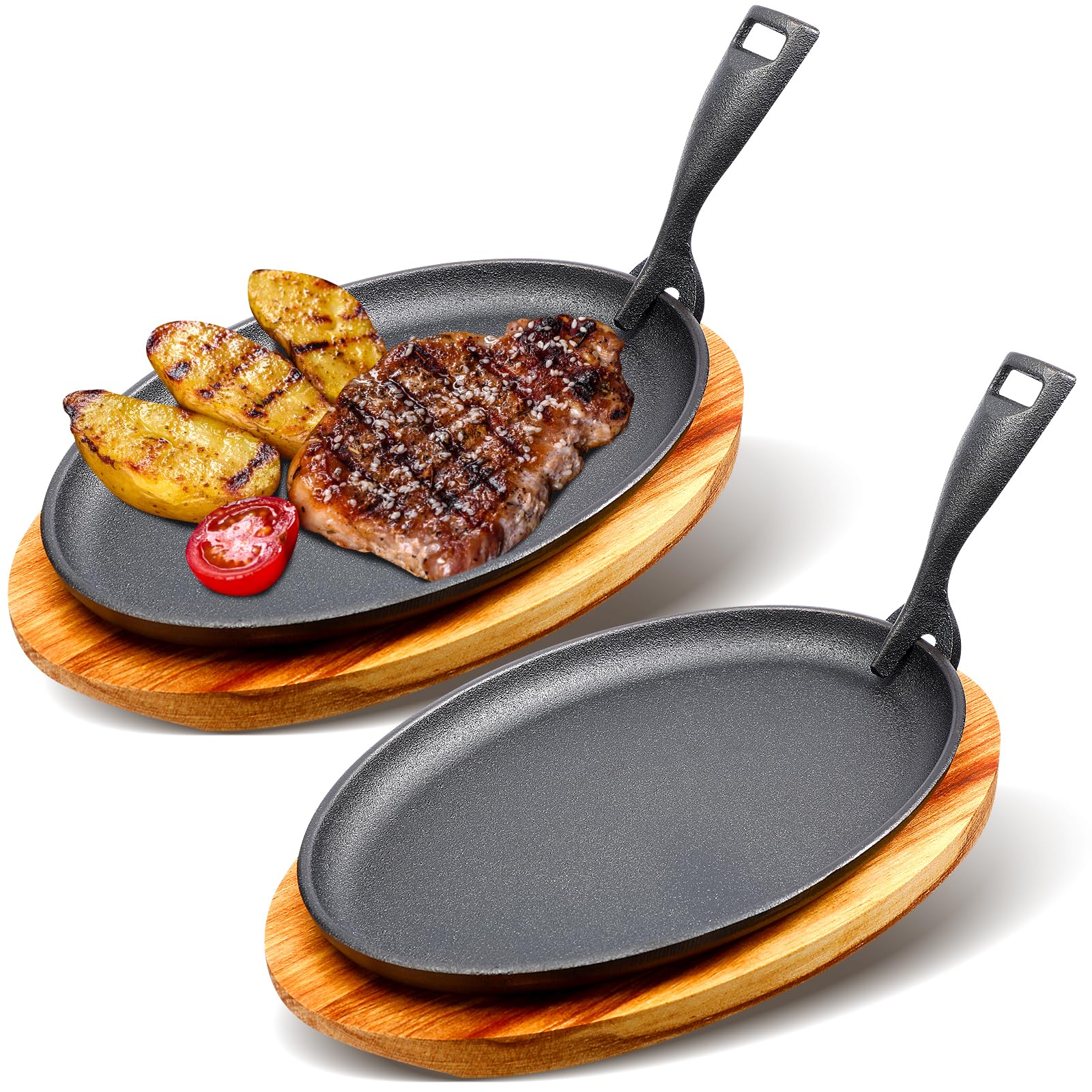 FoldTier 2 Sets Cast Iron Skillet Set 10.63'' x 6.89'' Fajita Plate Sizzling Pan with Wooden Base Anti Scald Protection Removable Handle for Restaurant Kitchen Cooking Accessory BBQ Party