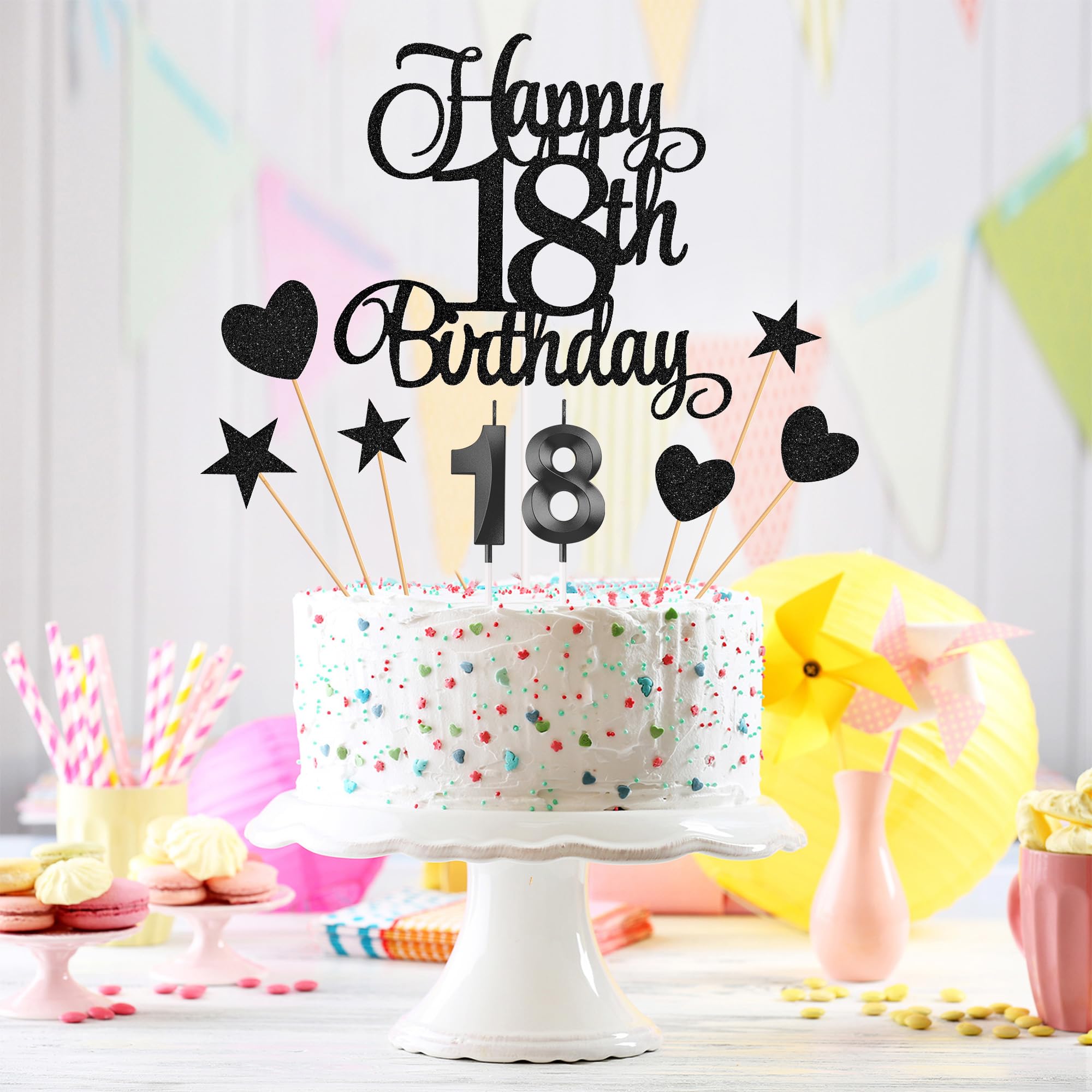 Lecferrarc 18th Birthday Cake Decorations, 18th Birthday Candles Cake Numeral Candles and Glitter Happy 18th Birthday Cake Toppers Set for Birthday Party Supplies (Black)