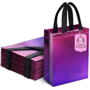 vgoodall 15pcs party favor bags with handles, reusable bag with iridescent finish pink & purple goodie bags for birthday wedding