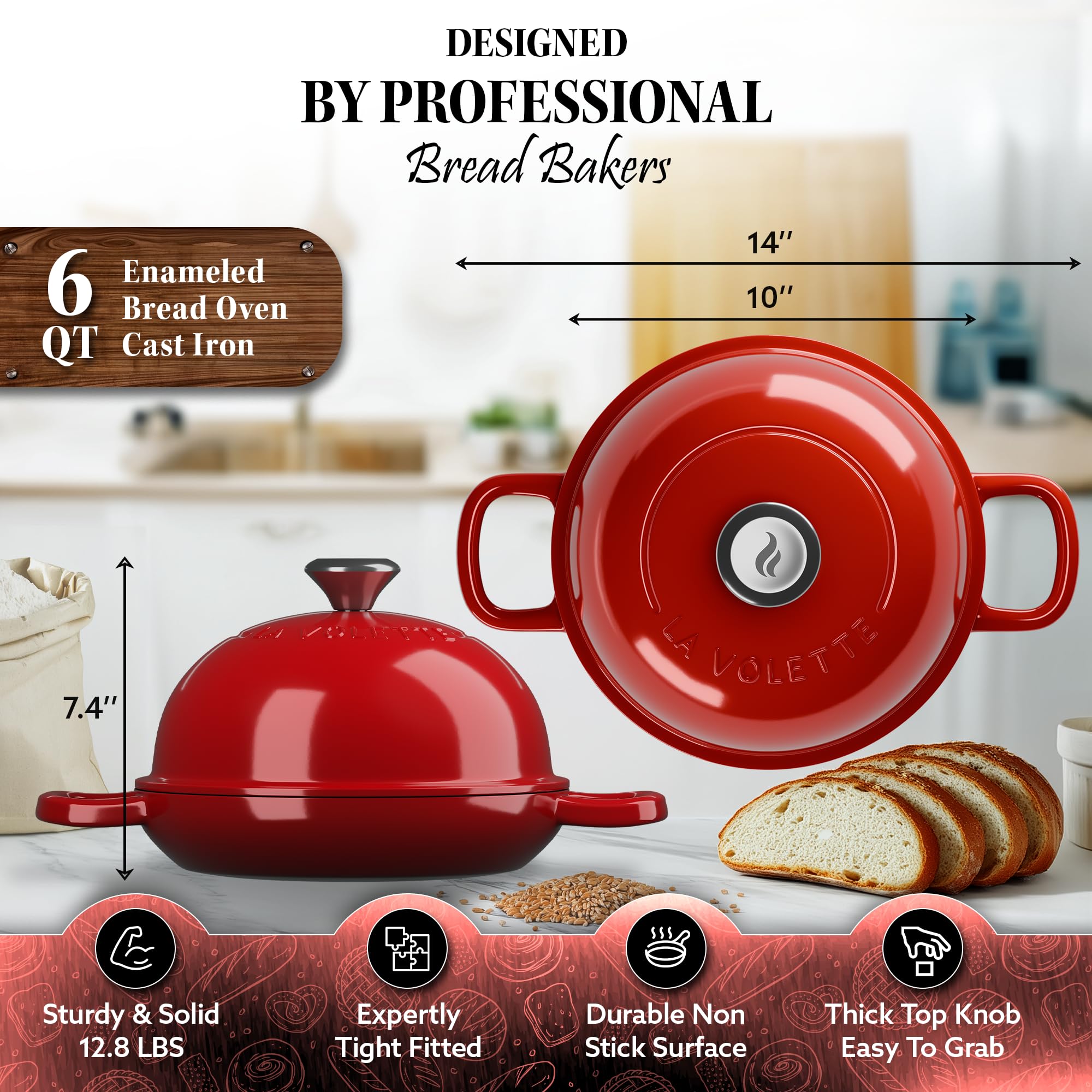 Enameled Cast Iron Bread Pan With Lid 9 Piece Complete Bread Baking Set | Dutch Oven for Bread Baking | 10 Inch Bread Oven with Lid | Thick Enamel | Silicone Baking Mat | Banneton | 6 Quart (Red)