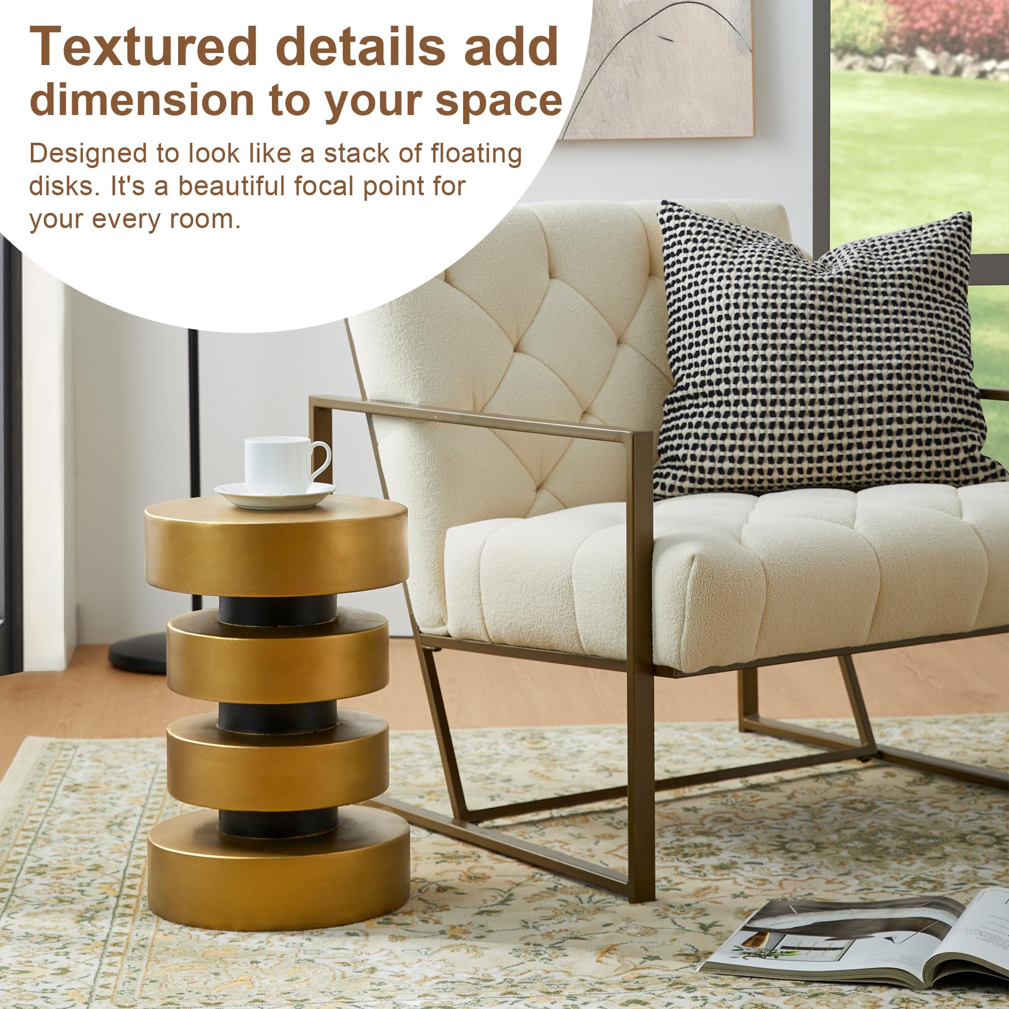 Glitzhome Modern Industrial 12” Dia Round Side Table in Antique Gold Black, Floating Disks Accent Stool End Table for Living Room, Bedroom, Entryway and Small Spaces