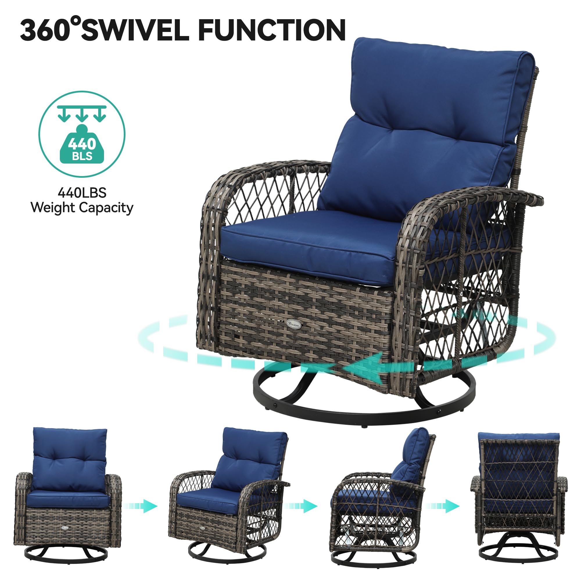 YITAHOME 3-Piece Patio Outdoor Swivel Glider Rocker Wicker Bistro Rocking Furniture Conversation Chairs for Garden, Backyard and Balcony (Navy Blue)