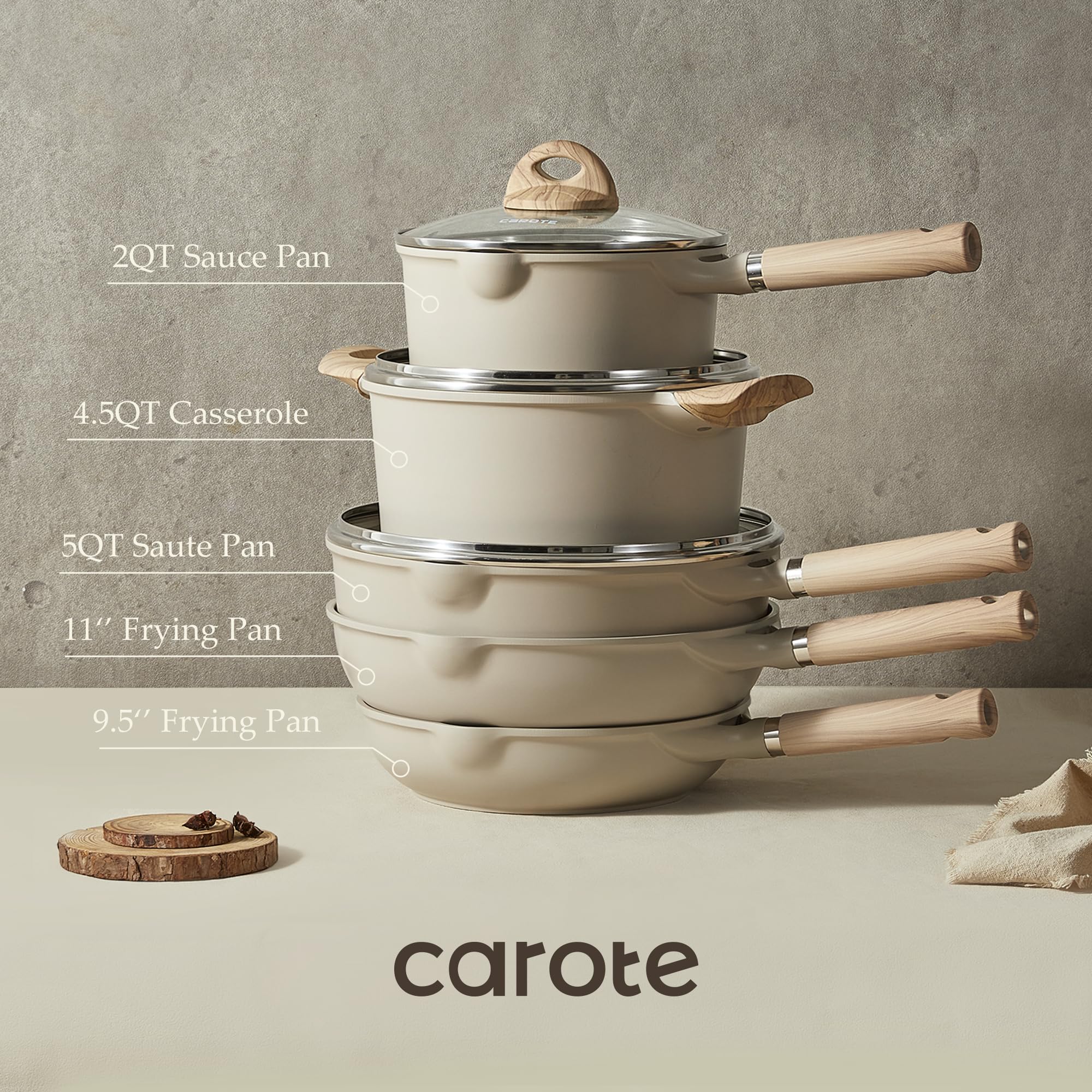 CAROTE 13pcs Pots and Pans Set Non Stick, Nonstick Kitchen Cookware Sets, Granite Pots Set, Kitchen Induction Pots and Pans Cooking Sets, Taupe