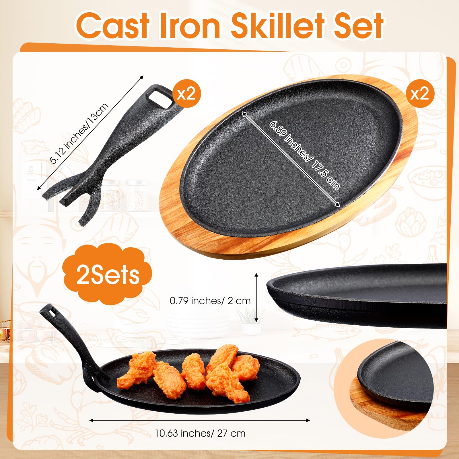 FoldTier 2 Sets Cast Iron Skillet Set 10.63'' x 6.89'' Fajita Plate Sizzling Pan with Wooden Base Anti Scald Protection Removable Handle for Restaurant Kitchen Cooking Accessory BBQ Party