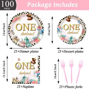 QOUBAI 100Pcs Wonederland 1st Birthday Party Supplies Onederland 1st Birthday Paper Plates Napkins Fork Set Disposable Fairy First Birthday Tableware Decorations for Girls Baby Shower Dinner Serves 25