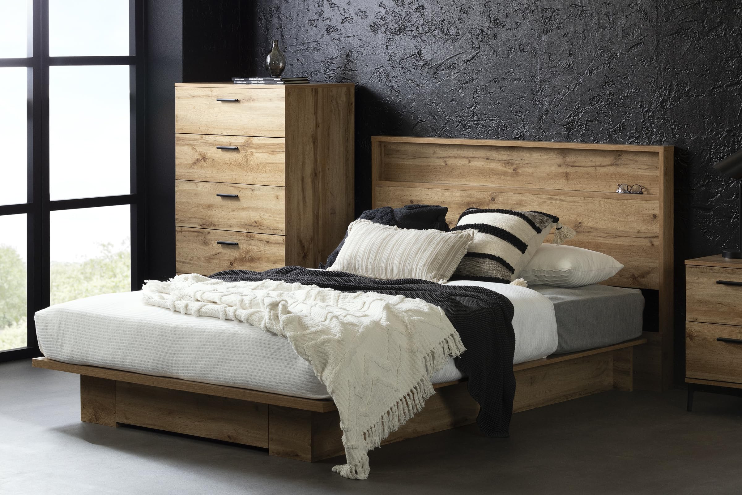 South Shore Musano Platform Bed with Drawer, Full/Queen, Nordik Oak