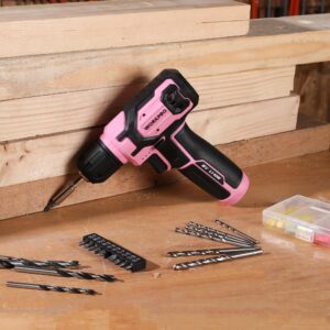 WORKPRO Pink Power Drill Set, 8V Cordless Drill Driver Set with 53pcs Bit Set, 2.0Ah Electric Cordless Drill Kit with 3/8" Keyless Chuck and Variable Speed Trigger, Portable Drill for DIY- Pink Ribbon