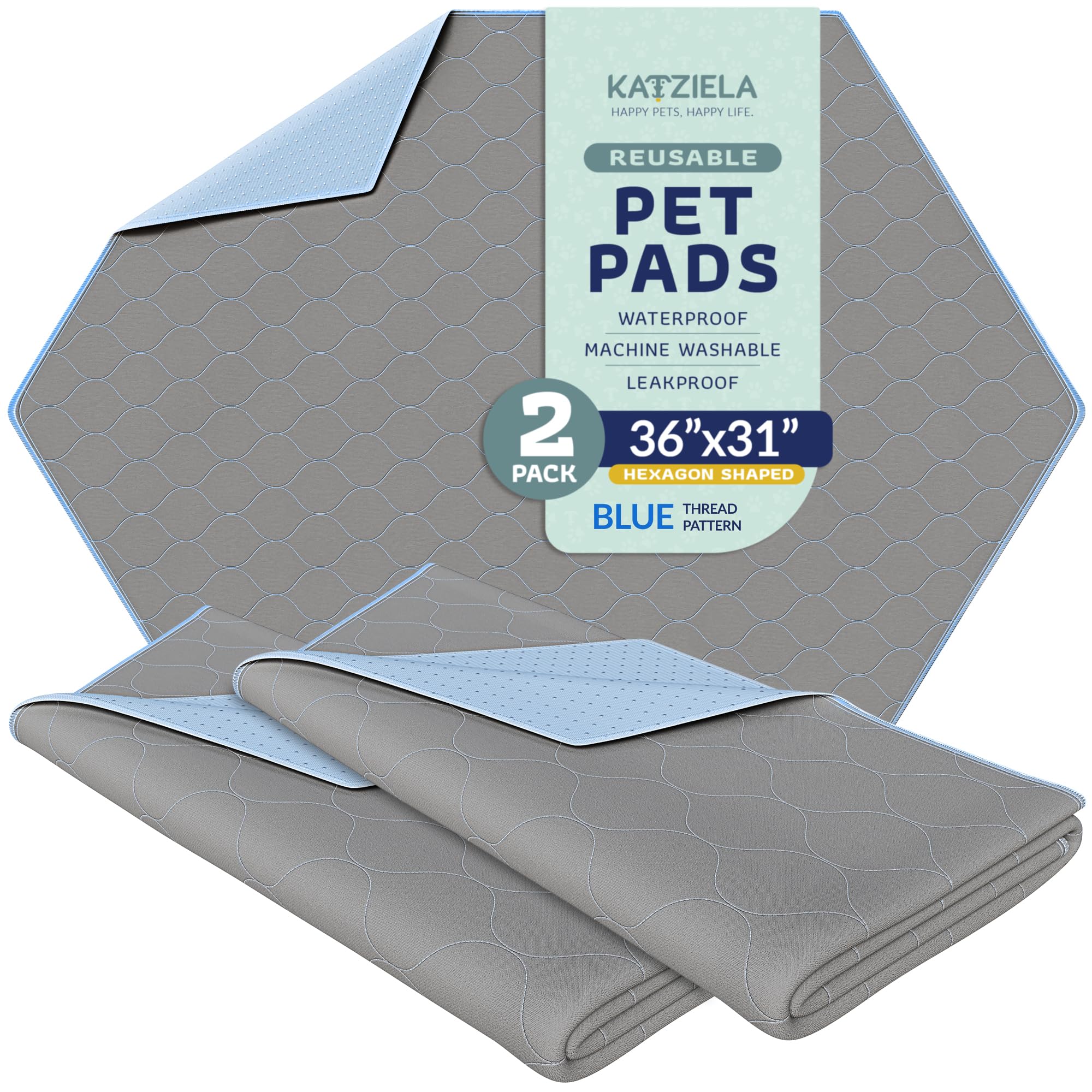 Katziela Washable Pet Pads - (2 Pack 36In x 31In Hexagon) Super Absorbent Waterproof Reusable Dog Pee Pads for Dogs, Washable Puppy Pads for Potty Training, Housebreaking Washable Pee Pads for Dogs