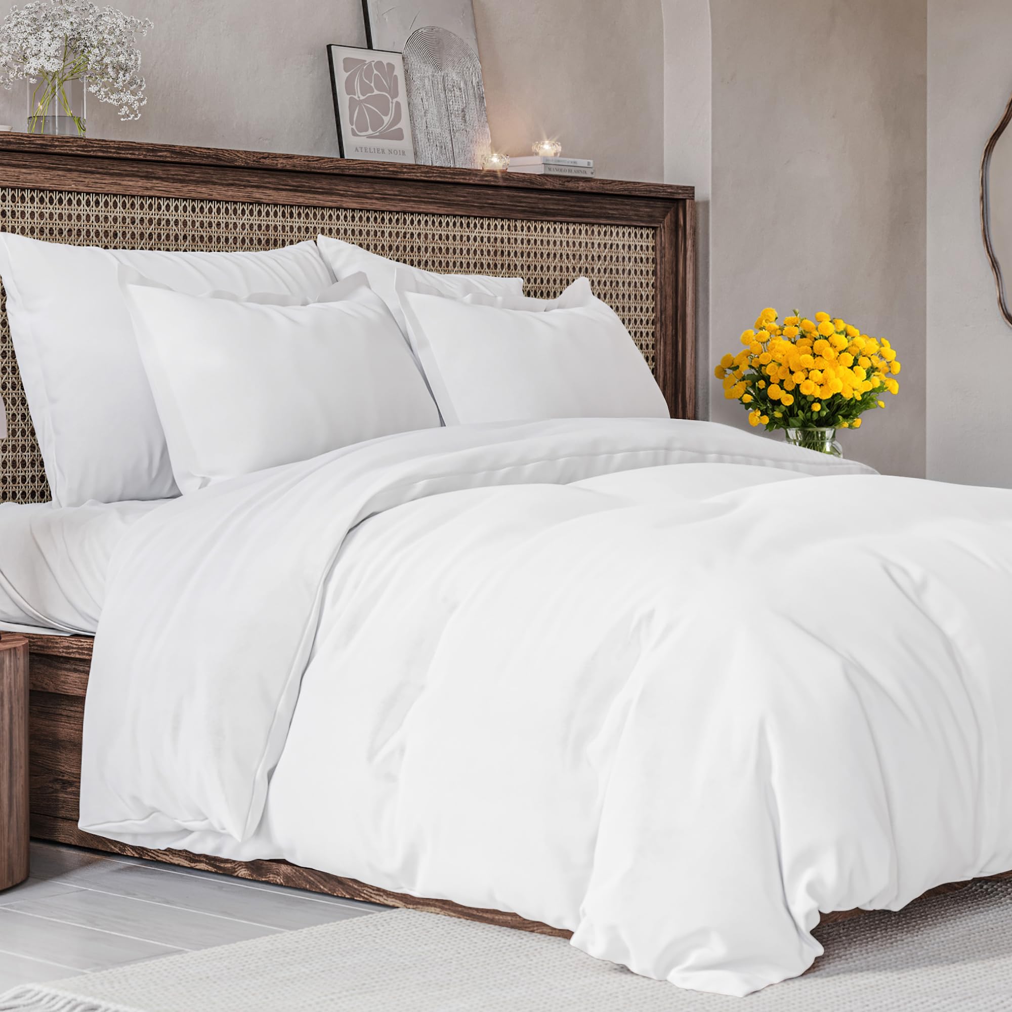 Duvet Cover Queen Size Set - Extra Soft Queen Size Duvet Cover - 90" x 90" Queen Duvet Cover w/ 2 Pillow Shams - Hotel Luxury, Easy Care & Fade Free - Comforter Cover w/ Zipper Closures & Ties (White)