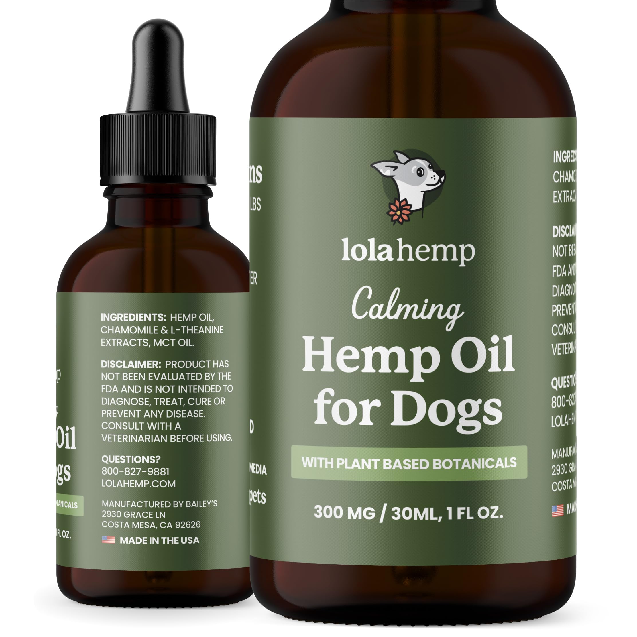 Lolahemp Calming Hemp Oil for Dogs with L-Theanine and Chamomile - Vet Formulated Natural Calming Dog Support - for Nerves, Loud Noises, Thunder, Fireworks - Promotes Relaxation - USA Made