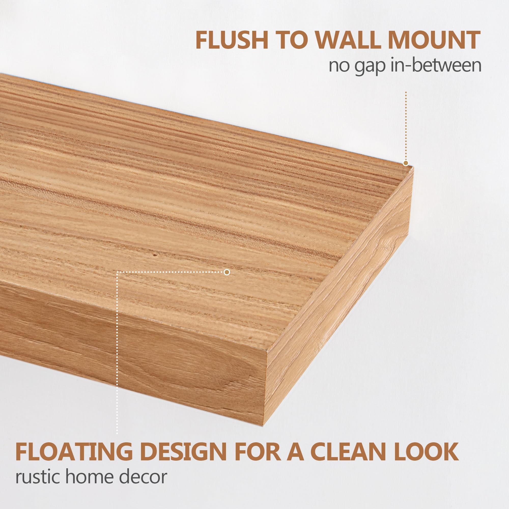 Fun Memories Floating Shelves, 8 Inch Deep Rustic Elm Wood Wall Shelves for Storage, Wall Mounted Display Shelving with Invisible Heavy-Duty Metal Bracket (Natural, 36" W x 8" D, Set of 2)