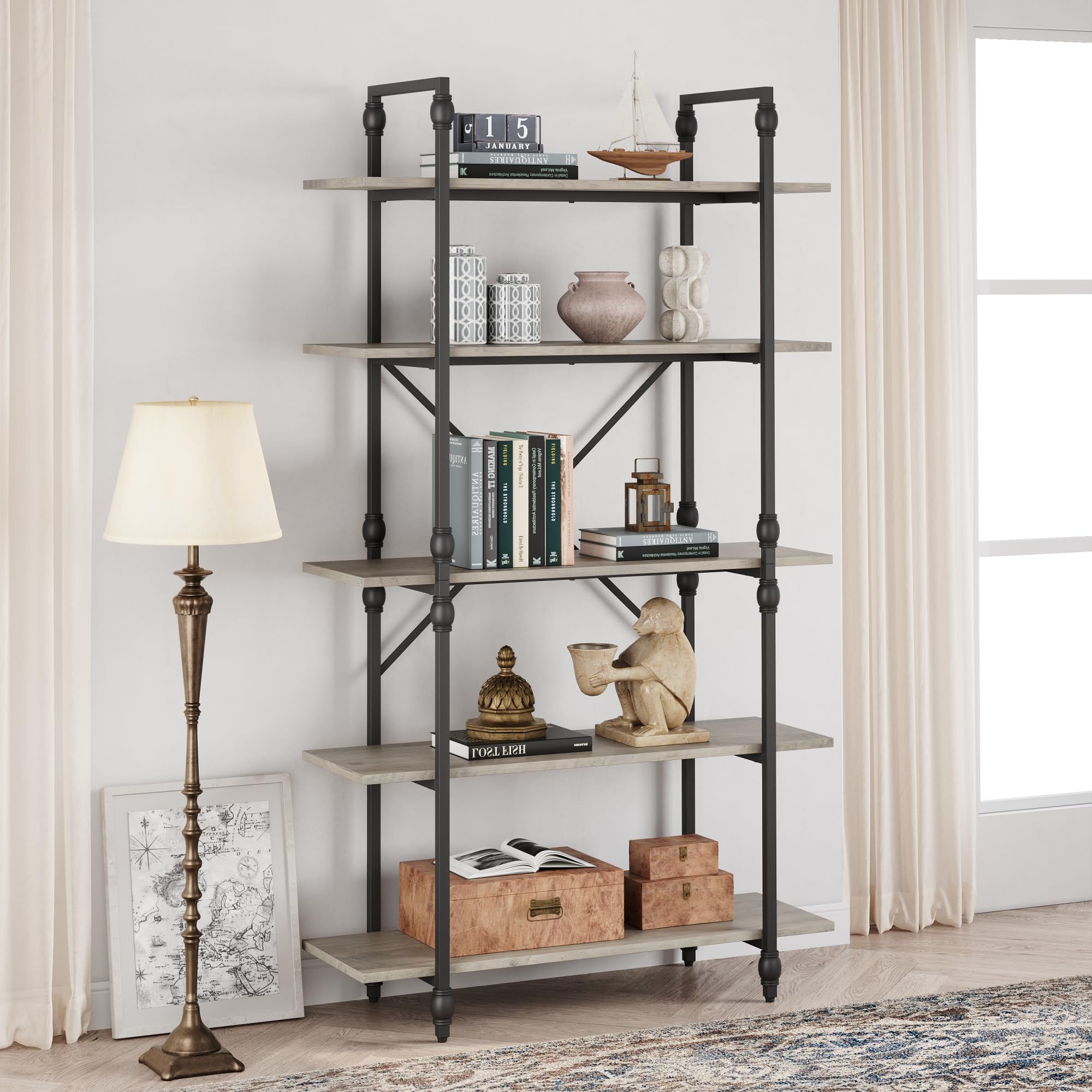 GAOMON 5 Tier Bookshelf, 67.9” Tall Bookcase with 5 Open Book Shelves, Vintage Bookshelves and Bookcases with Roman Column, Large Display Shelves for Home Office, Study Room, Living Room-Grey