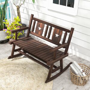 HAPPYGRILL Outdoor Wood Rocking Bench Carbonized Double Rocking Chair for 2 Persons with Wide Curved Seat, Porch Rocker for Porch, Garden, Backyard, 710LBS Capacity, Rustic Brown