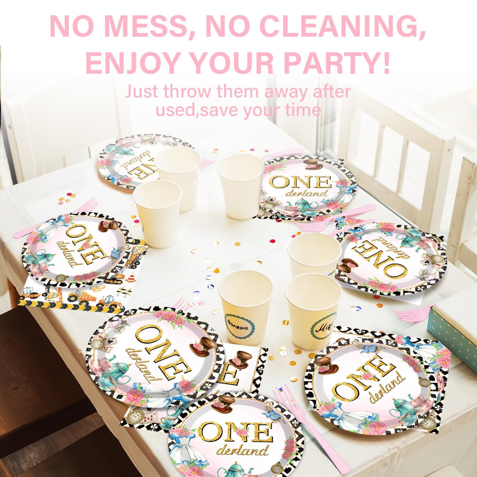 QOUBAI 100Pcs Wonederland 1st Birthday Party Supplies Onederland 1st Birthday Paper Plates Napkins Fork Set Disposable Fairy First Birthday Tableware Decorations for Girls Baby Shower Dinner Serves 25