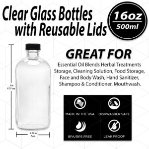 (2 Pack) - 16 oz Clear Glass Boston Round Bottles with Black 28-400 Airtight Phenolic Polycone Caps - Perfect Glass Containers for Secondary Fermentation, Storing condiment, Homemade Essential Oils