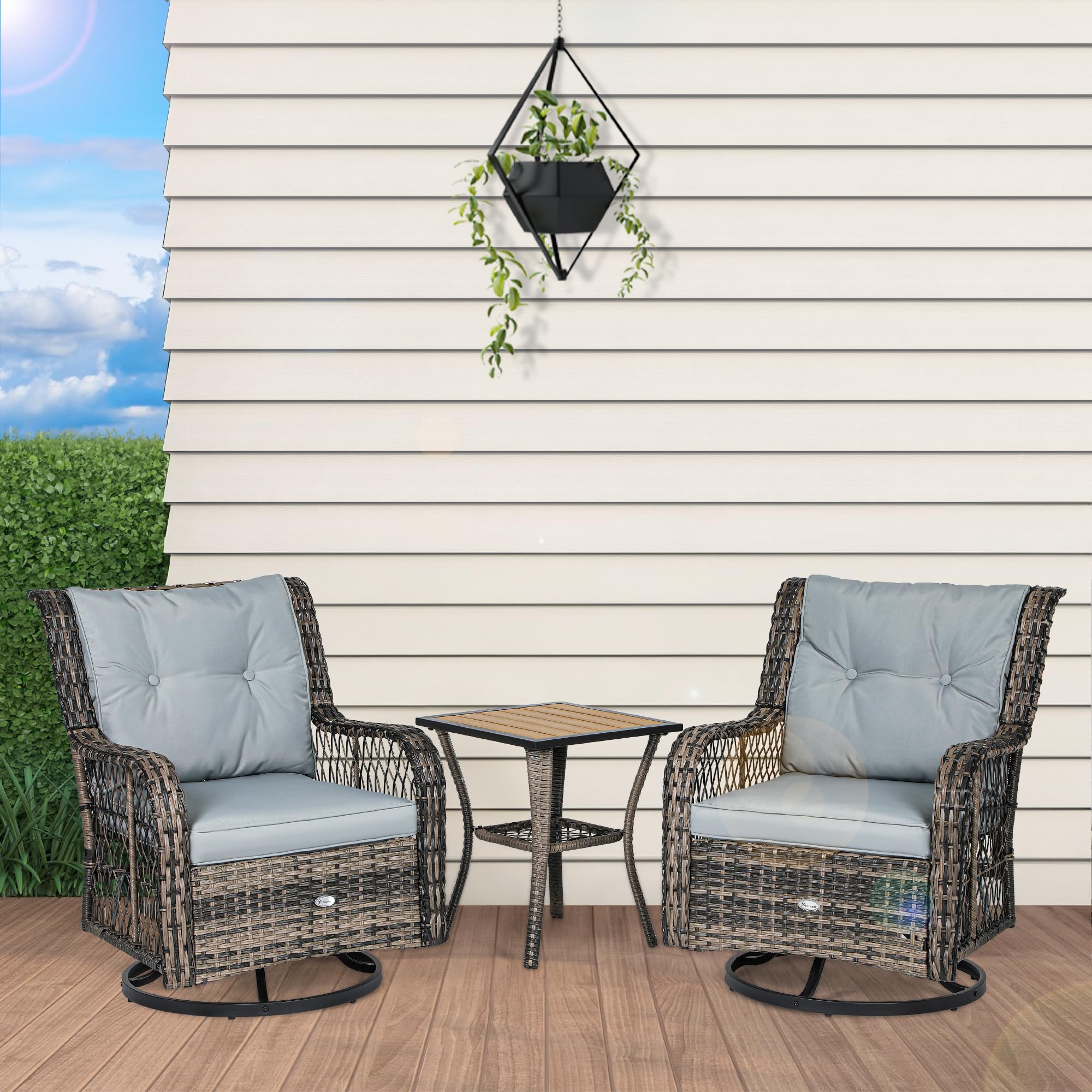 YITAHOME 3-Piece Patio Outdoor Swivel Glider Rocker Wicker Bistro Rocking Furniture Conversation Chairs for Garden, Backyard and Balcony (Gray)