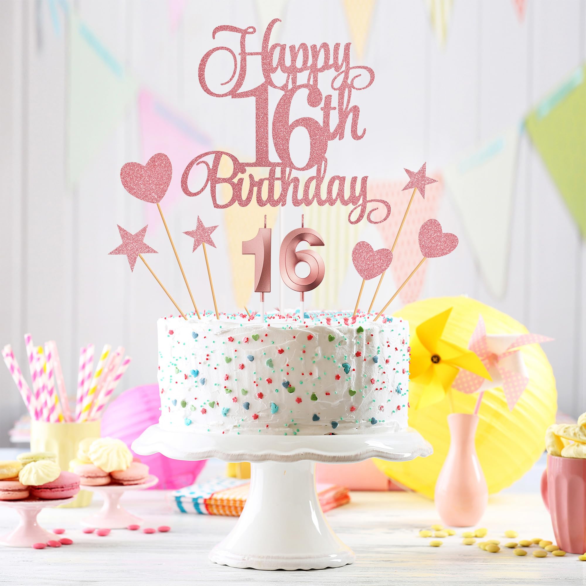 Lecferrarc 16th Birthday Cake Decorations, 16th Birthday Candles Cake Numeral Candles and Glitter Happy 16th Birthday Cake Toppers Set for Birthday Party Supplies (Rose Gold)