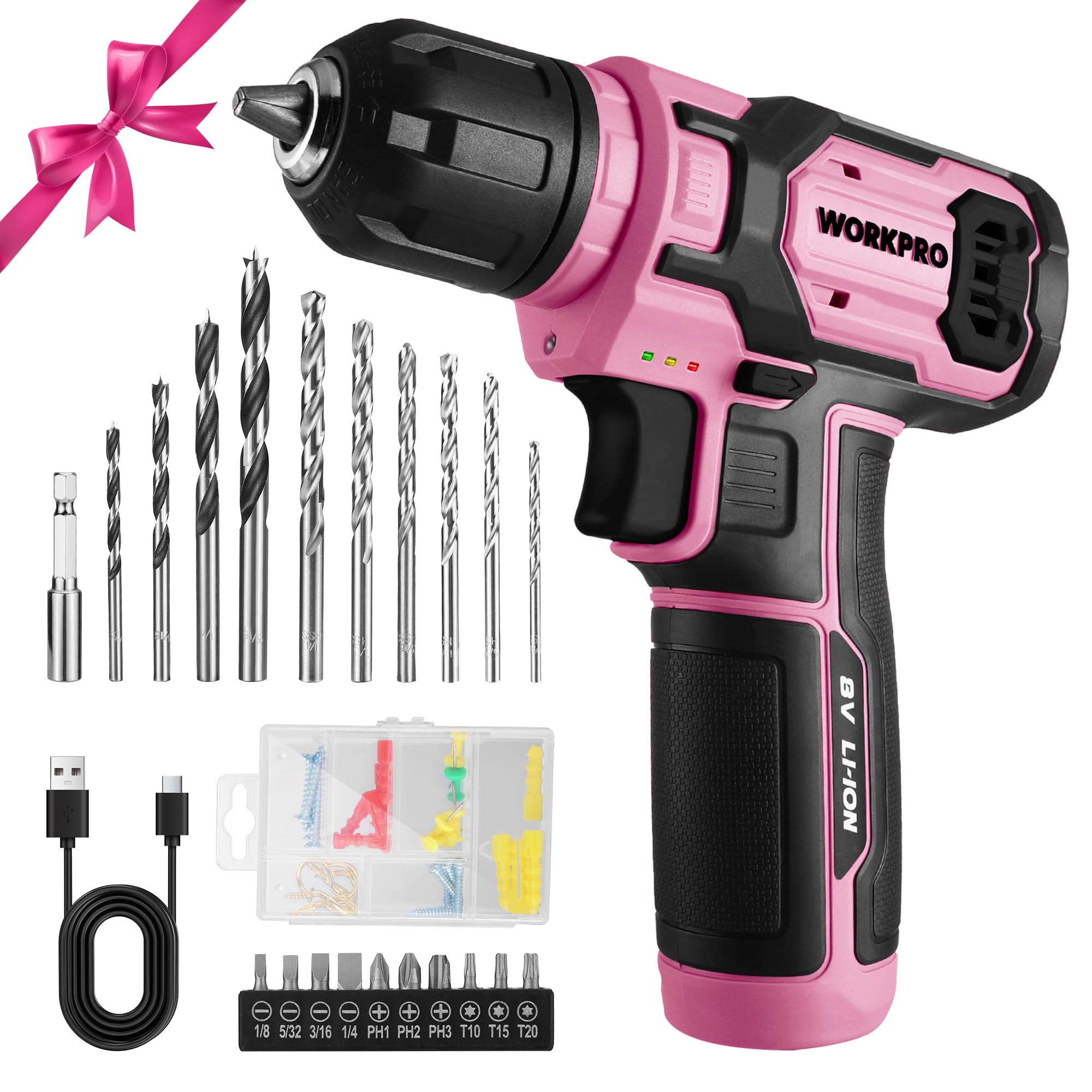 WORKPRO Pink Power Drill Set, 8V Cordless Drill Driver Set with 53pcs Bit Set, 2.0Ah Electric Cordless Drill Kit with 3/8" Keyless Chuck and Variable Speed Trigger, Portable Drill for DIY- Pink Ribbon