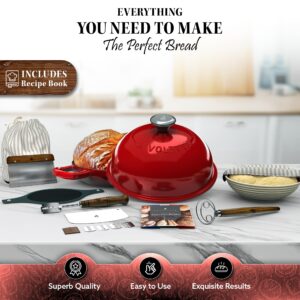 Enameled Cast Iron Bread Pan With Lid 9 Piece Complete Bread Baking Set | Dutch Oven for Bread Baking | 10 Inch Bread Oven with Lid | Thick Enamel | Silicone Baking Mat | Banneton | 6 Quart (Red)