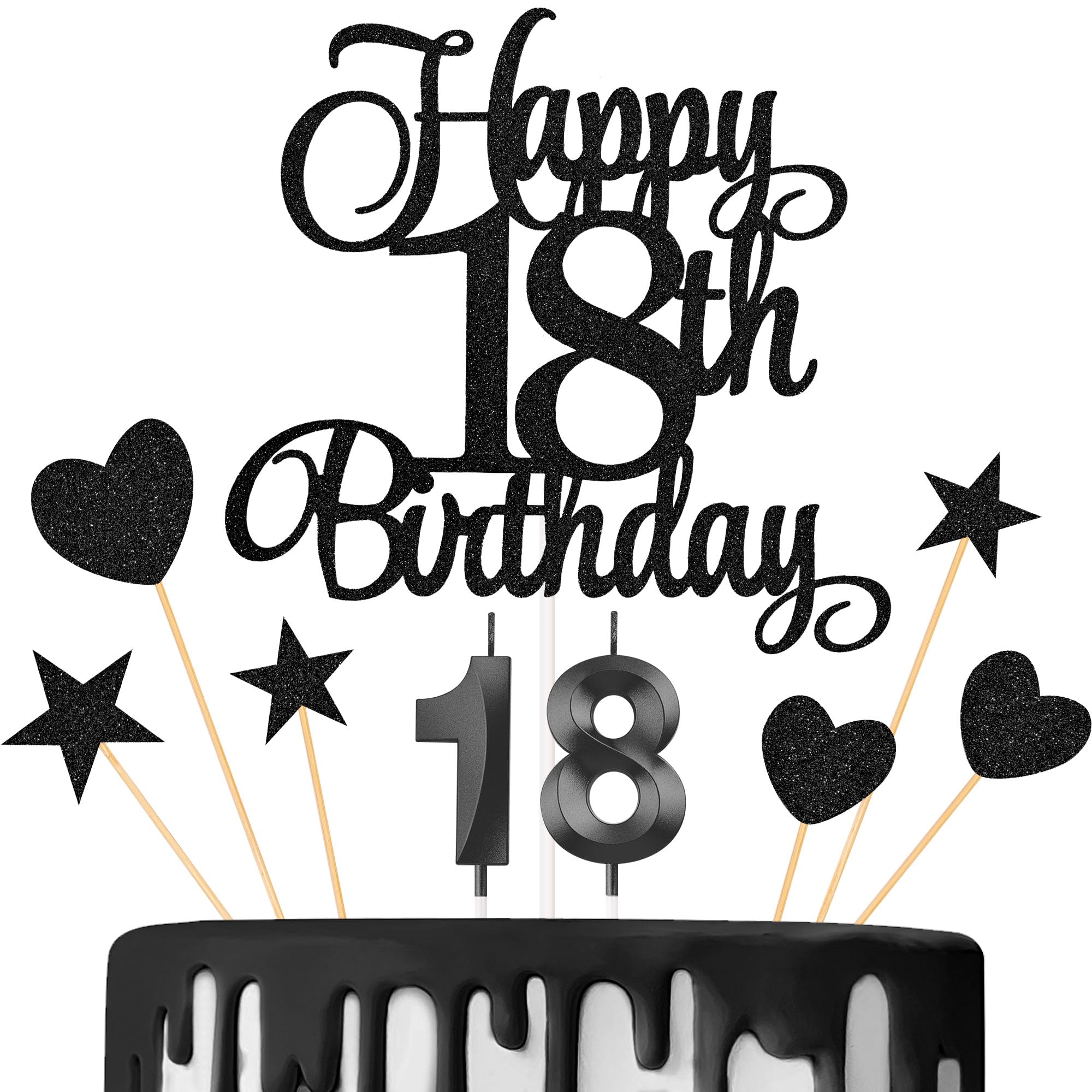 Lecferrarc 18th Birthday Cake Decorations, 18th Birthday Candles Cake Numeral Candles and Glitter Happy 18th Birthday Cake Toppers Set for Birthday Party Supplies (Black)