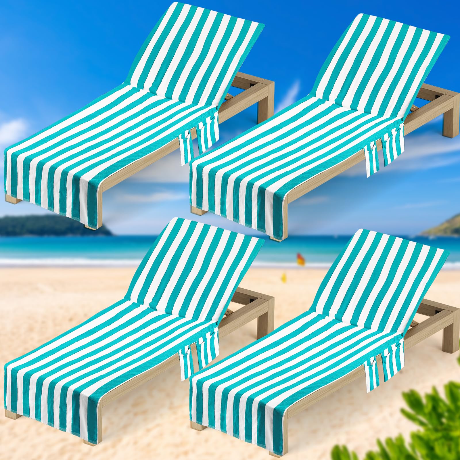 VitalCozy 4 Pack Pure Cotton Pool Chair Covers, Lounge Chair Cushion Covers with Top and Side Pockets Furniture Covers Extra Large Beach Chair Towels for Indoor Outdoor Patio 30 x 85 in (Green)