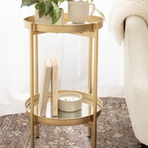 Kate and Laurel Celia Transitional Round Accent Tray Table with Magnetic Removable Tops and Foldable Base, 16x16x25, Gold